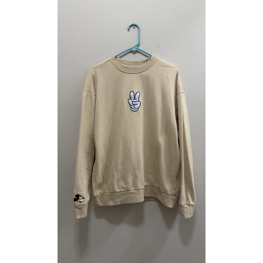 Disney Parks Mickey Mouse Peace Sign Beige Crewneck Sweatshirt Adult Large