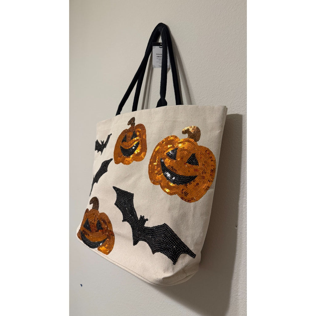 NWT Kirkland's Halloween Sequin Pumpkins & Bats Canvas Tote Bag