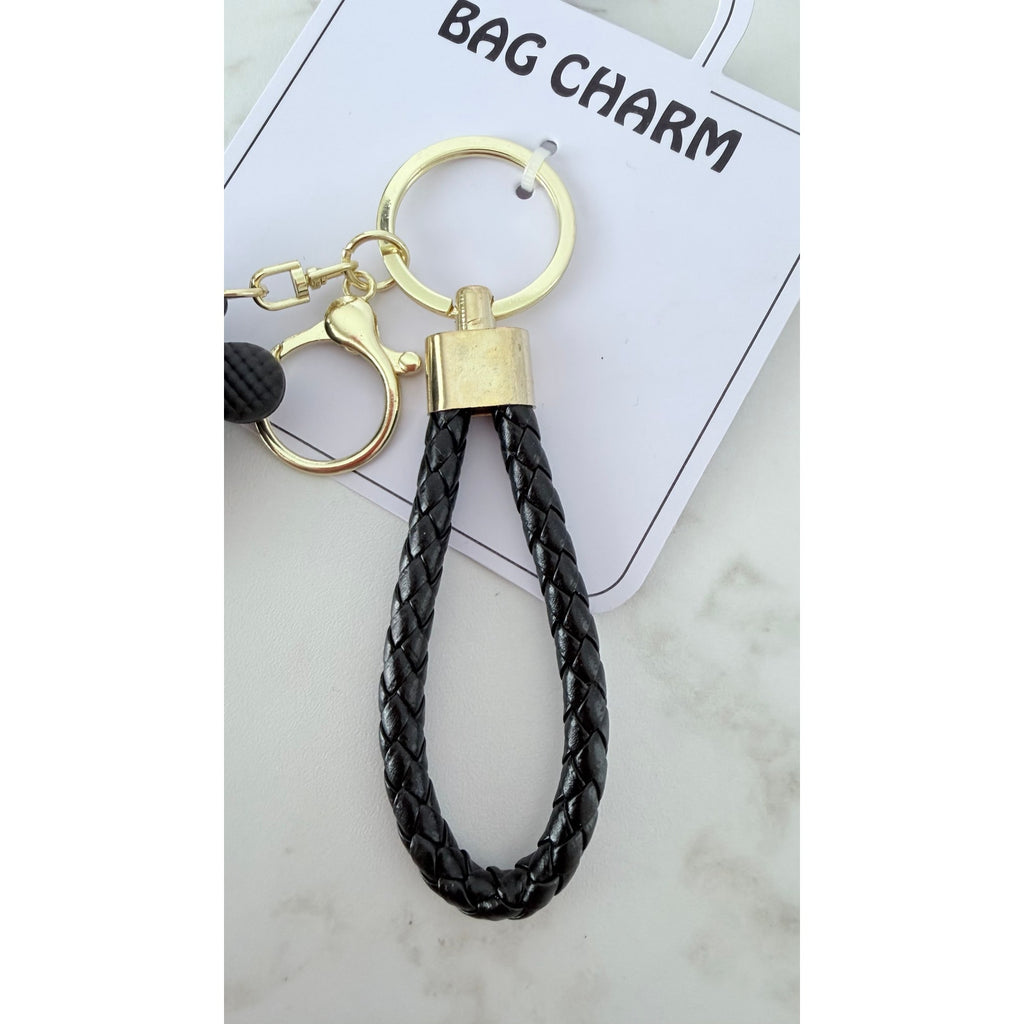 Creative Heart Bear Bag Charm Keychain – Black Braided Strap – New