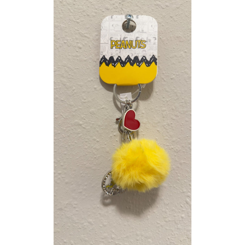 NWT Peanuts Snoopy & Woodstock Yellow Pom Pom Heart Bag Tag Keychain