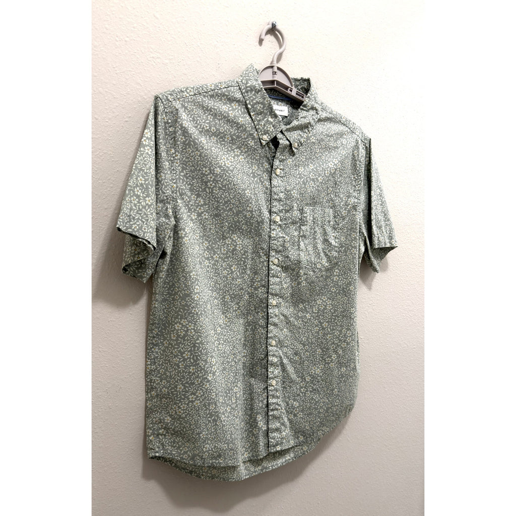 Free Assembly Men's Large Green Floral Print Button Down Short Sleeve Shirt