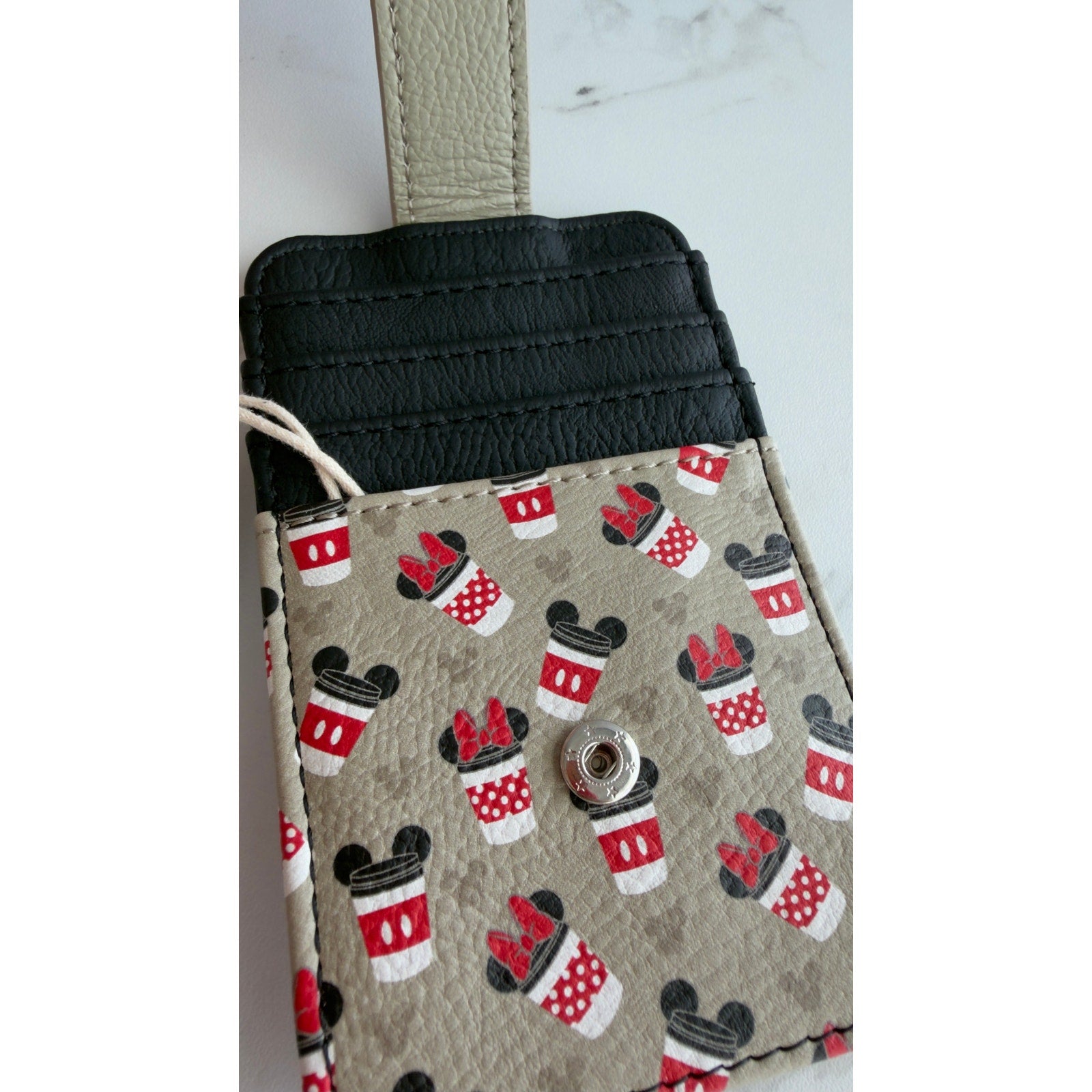 Disney Parks Mickey and Minnie Coffee Cup Card Wallet Faux Leather NEW