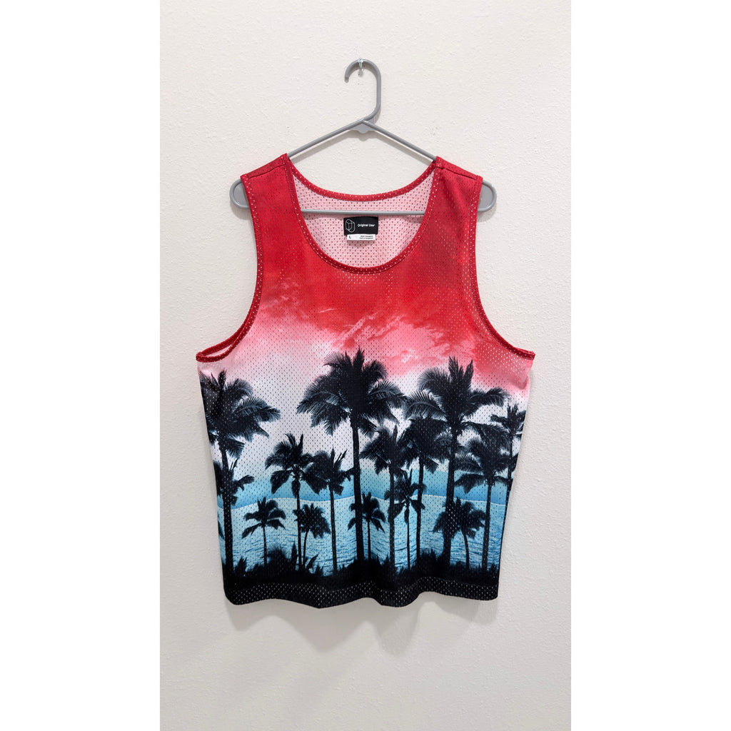 Target Original Use Men's Mesh Tank Top Large Red Sunset Palm Trees Jersey NWT