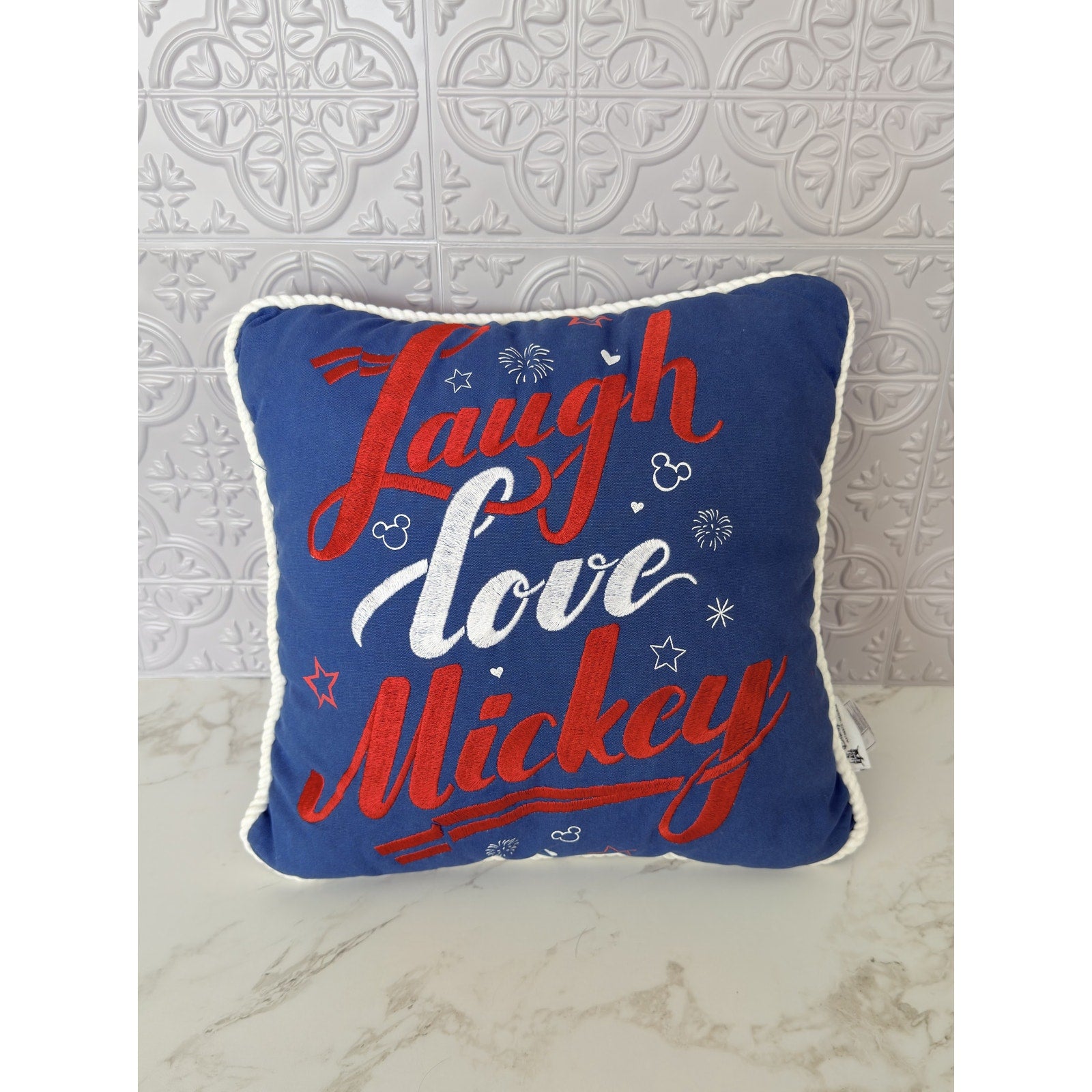 Disney Parks Americana "Laugh Love Mickey" 13" Embroidered Pillow NEW