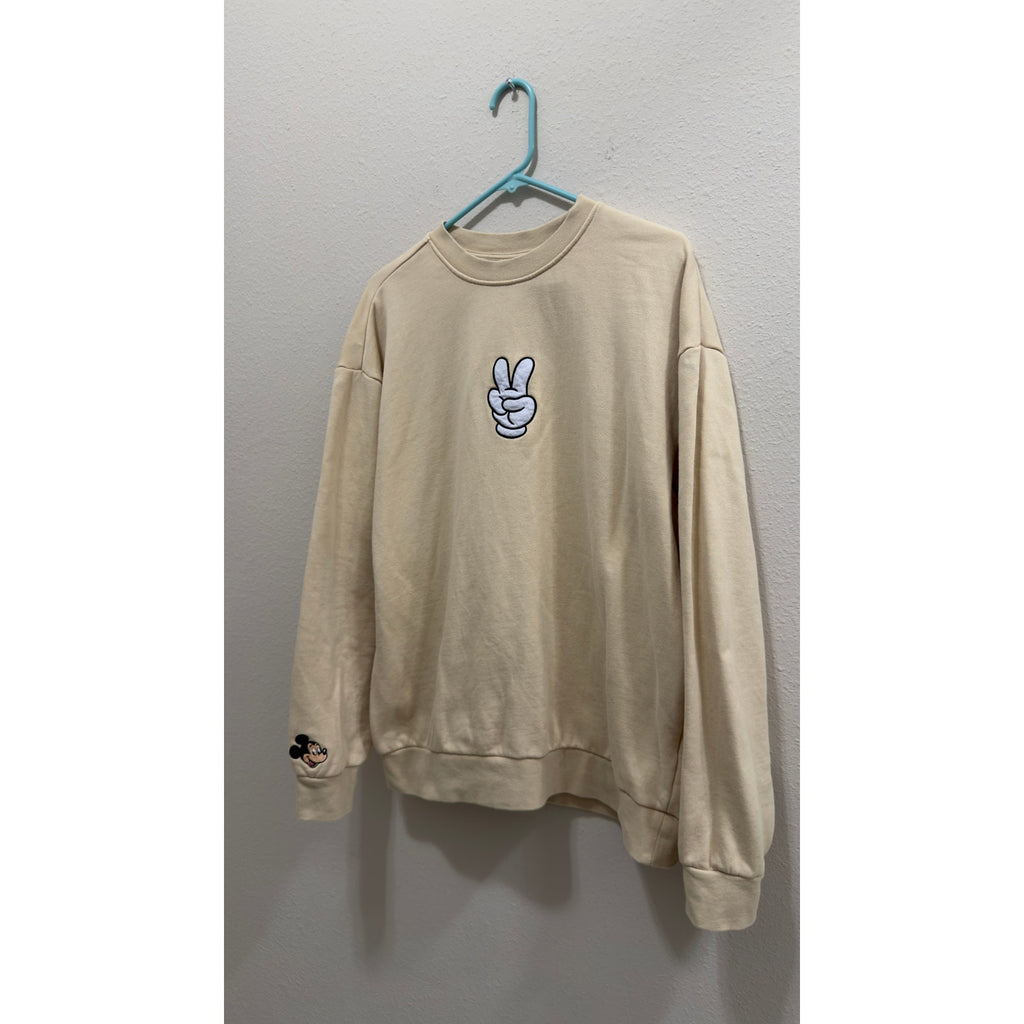 Disney Parks Mickey Mouse Peace Sign Beige Crewneck Sweatshirt Adult Large