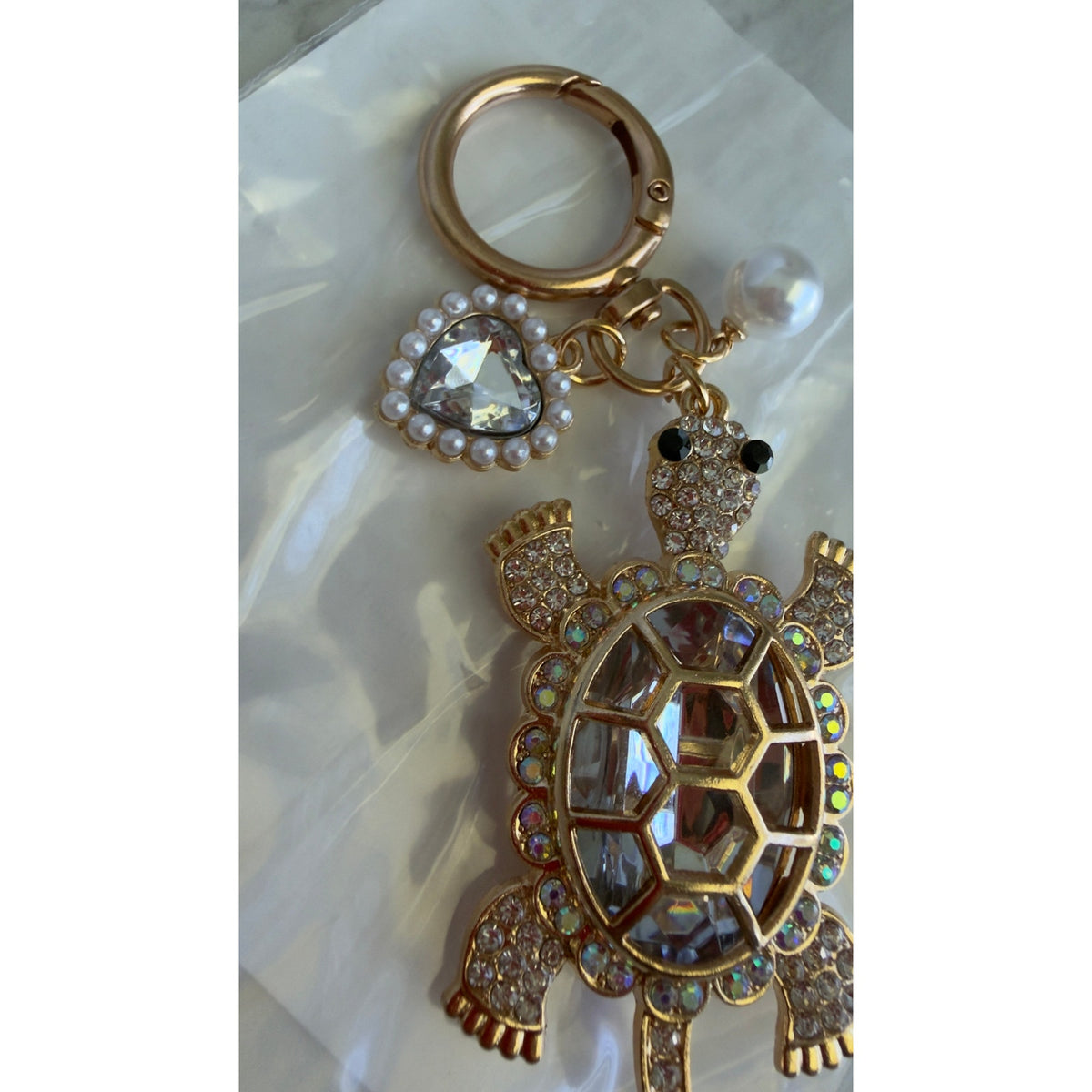 Ocean Style Gold Rhinestone Sea Turtle Keychain Bag Charm Heart & Pearl NEW