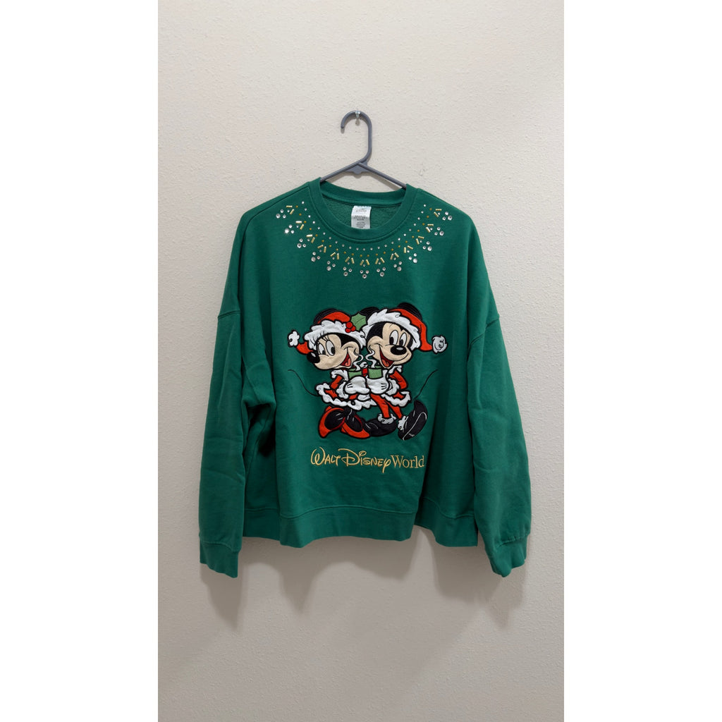 Walt Disney World Christmas Santa Mickey Minnie Rhinestone Sweatshirt Large NWT