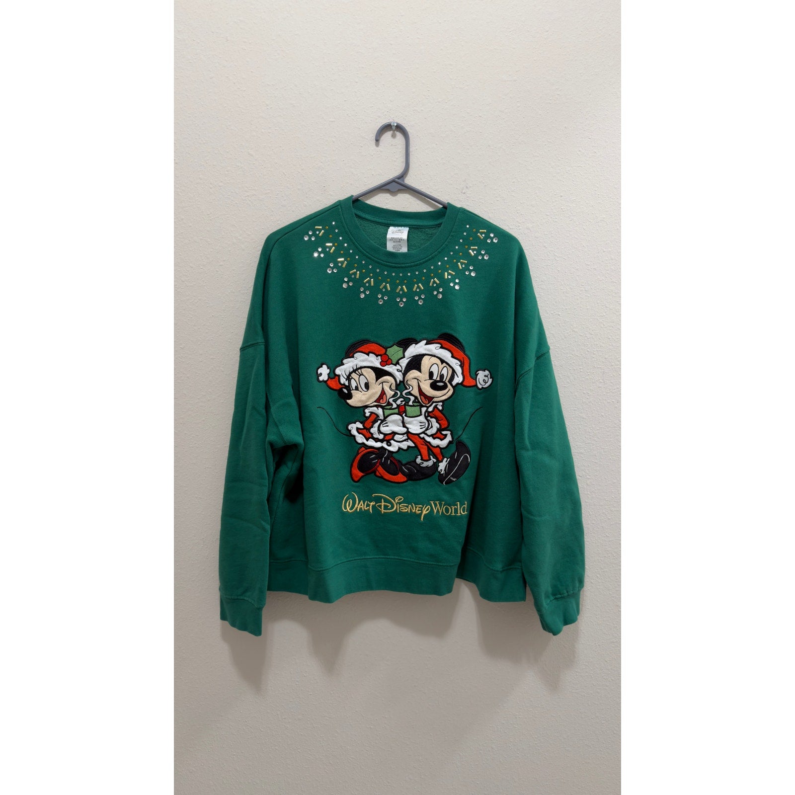 Walt Disney World Christmas Santa Mickey Minnie Rhinestone Sweatshirt Large NWT