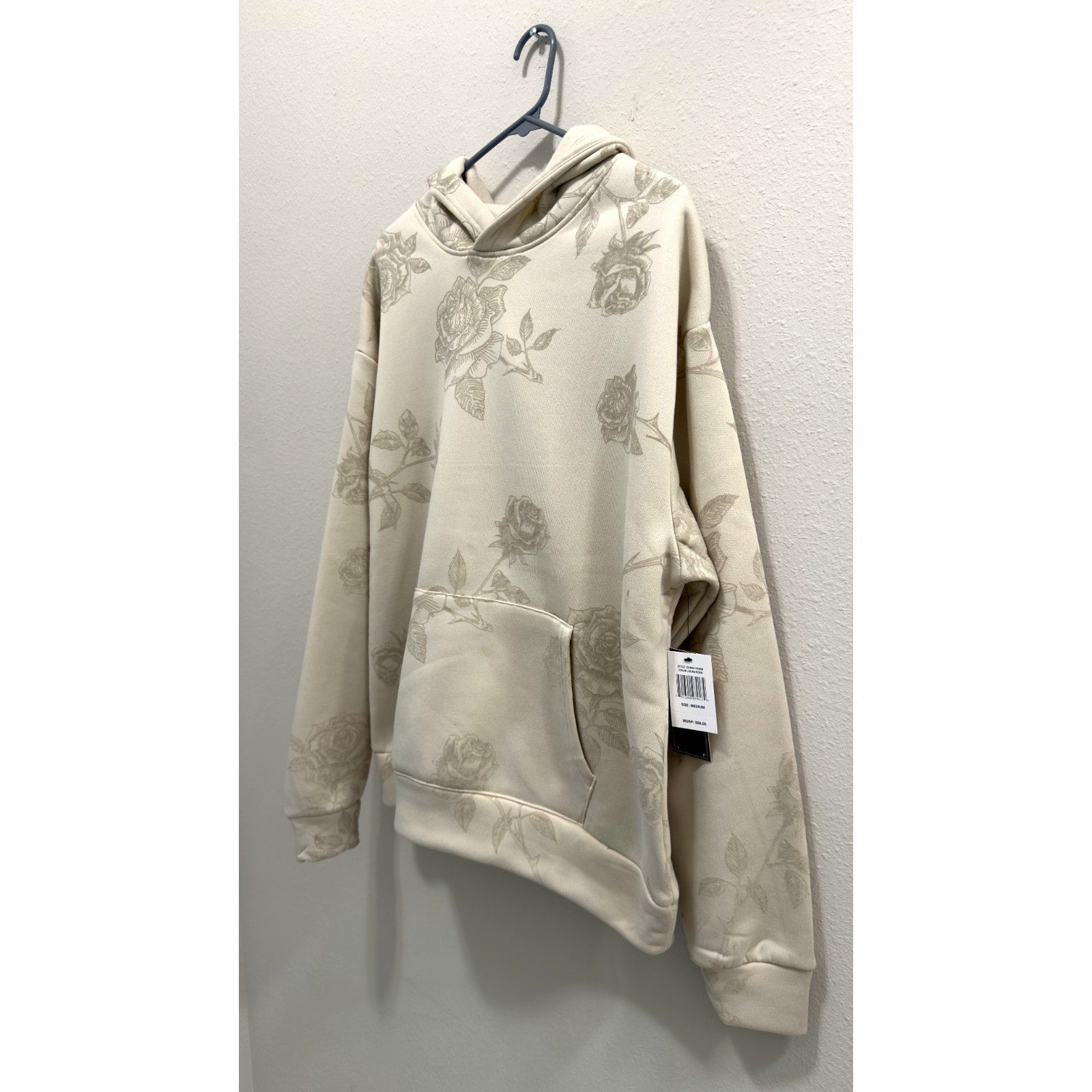 NWT Drill Social Club Rose Print Hoodie Men's Medium Ecru Flocked Fleece