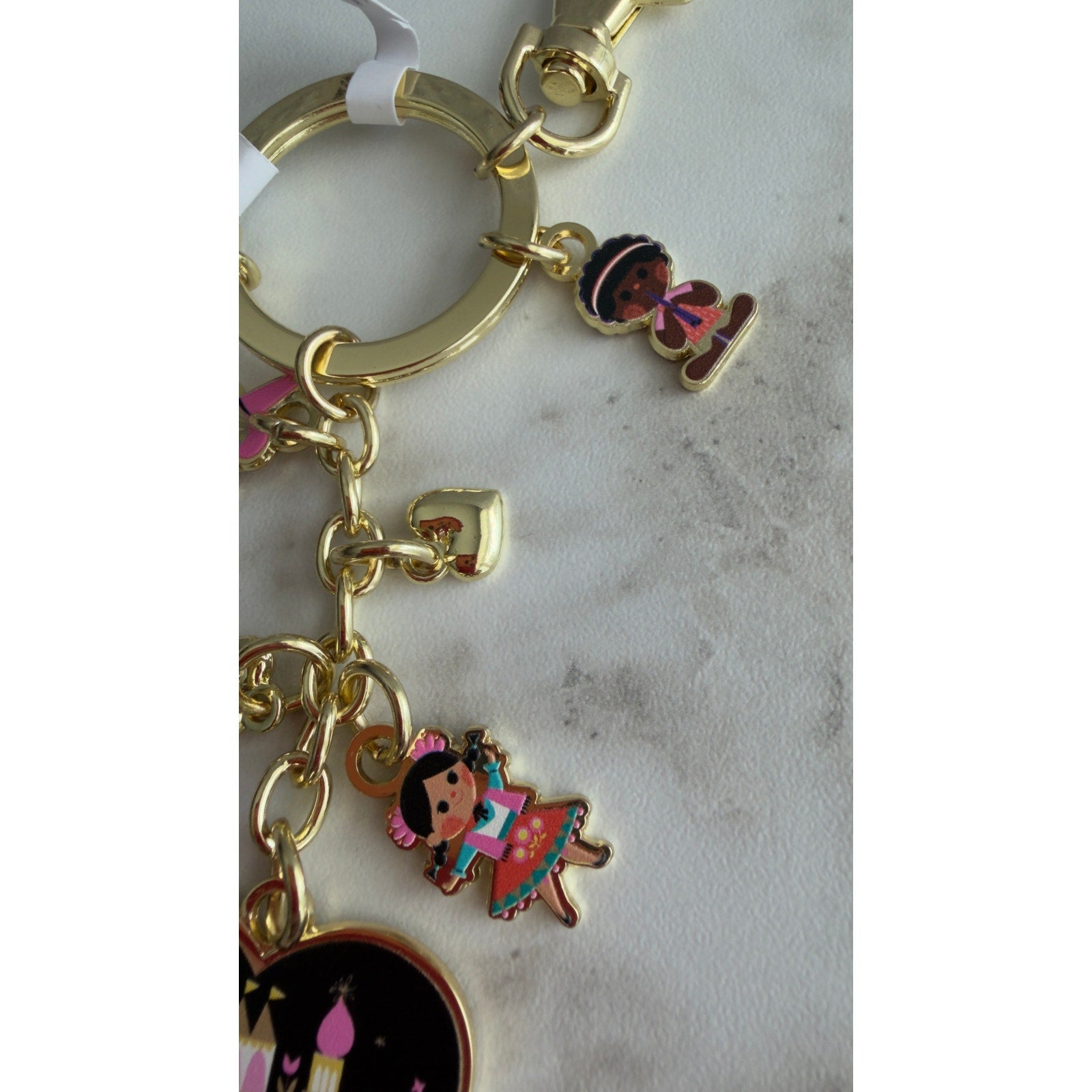 Disney Parks It's a Small World Hello Heart Keychain Bag Charm Gold Tone NEW