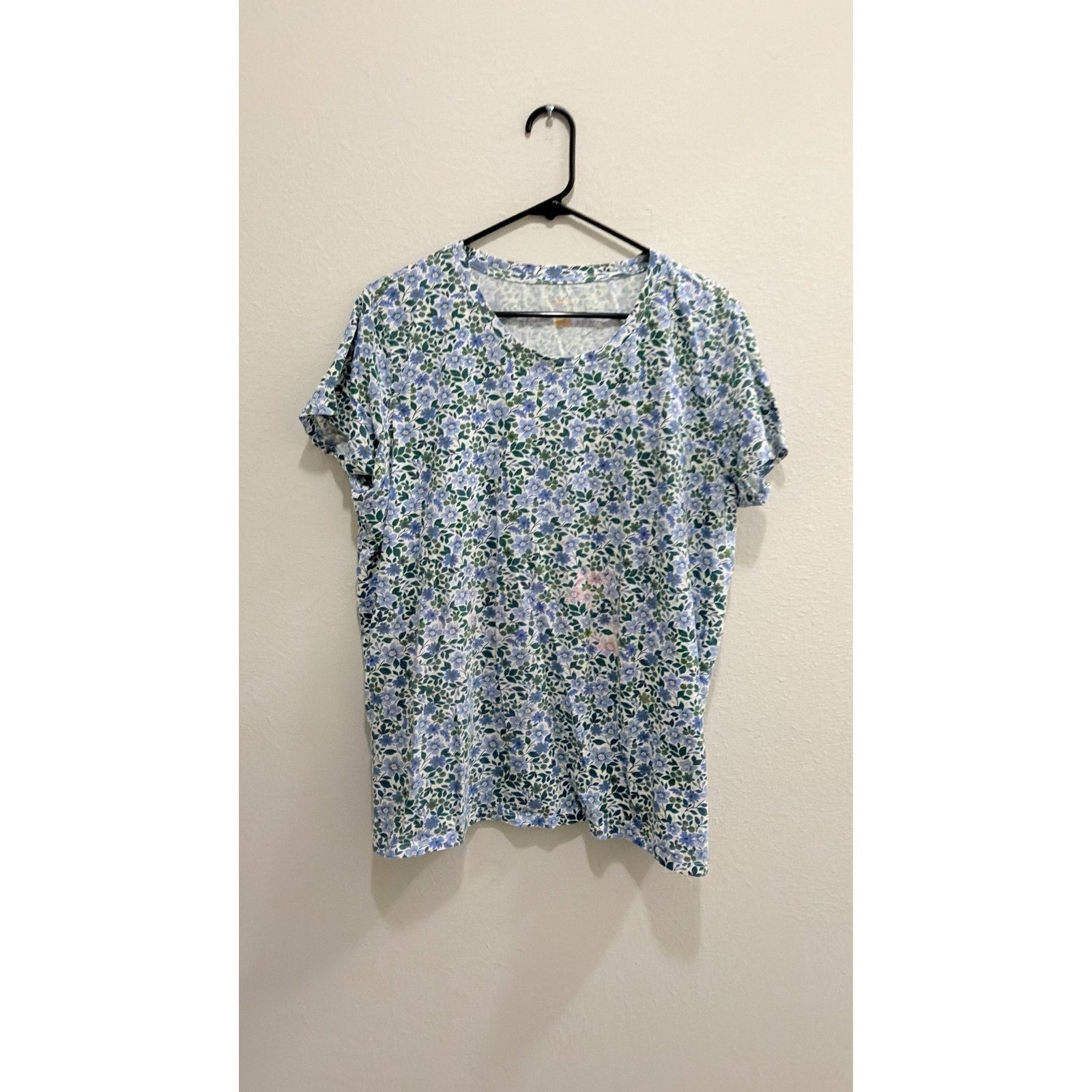 Blue Mountain Cobalt Blue & Green Floral Scoop Neck Tee - XL Preowned