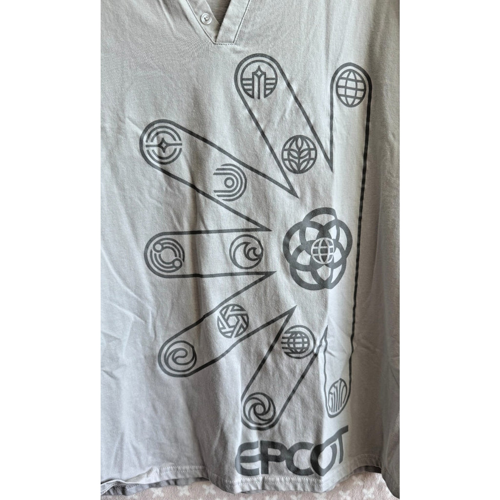 NWT Disney Parks Epcot Center Logo Tee Shirt Gray Two Button V-Neck Adult XL