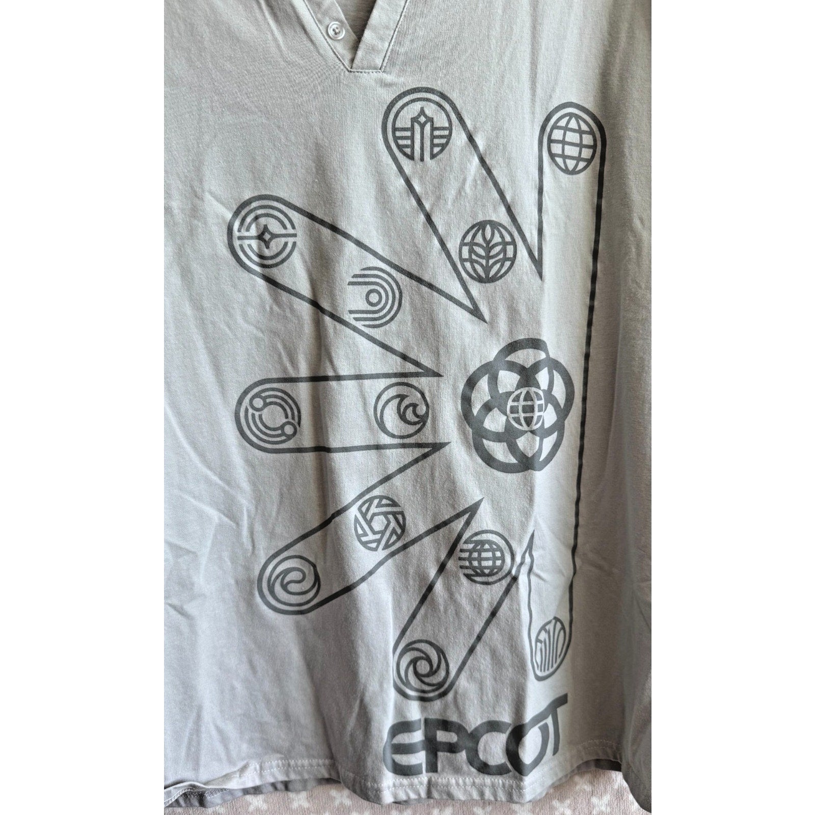 NWT Disney Parks Epcot Center Logo Tee Shirt Gray Two Button V-Neck Adult XL