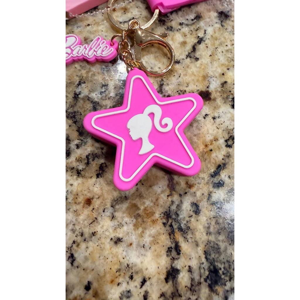 NEW Barbie Iconic Pink Logo Keychain Purse Charm Pink and White