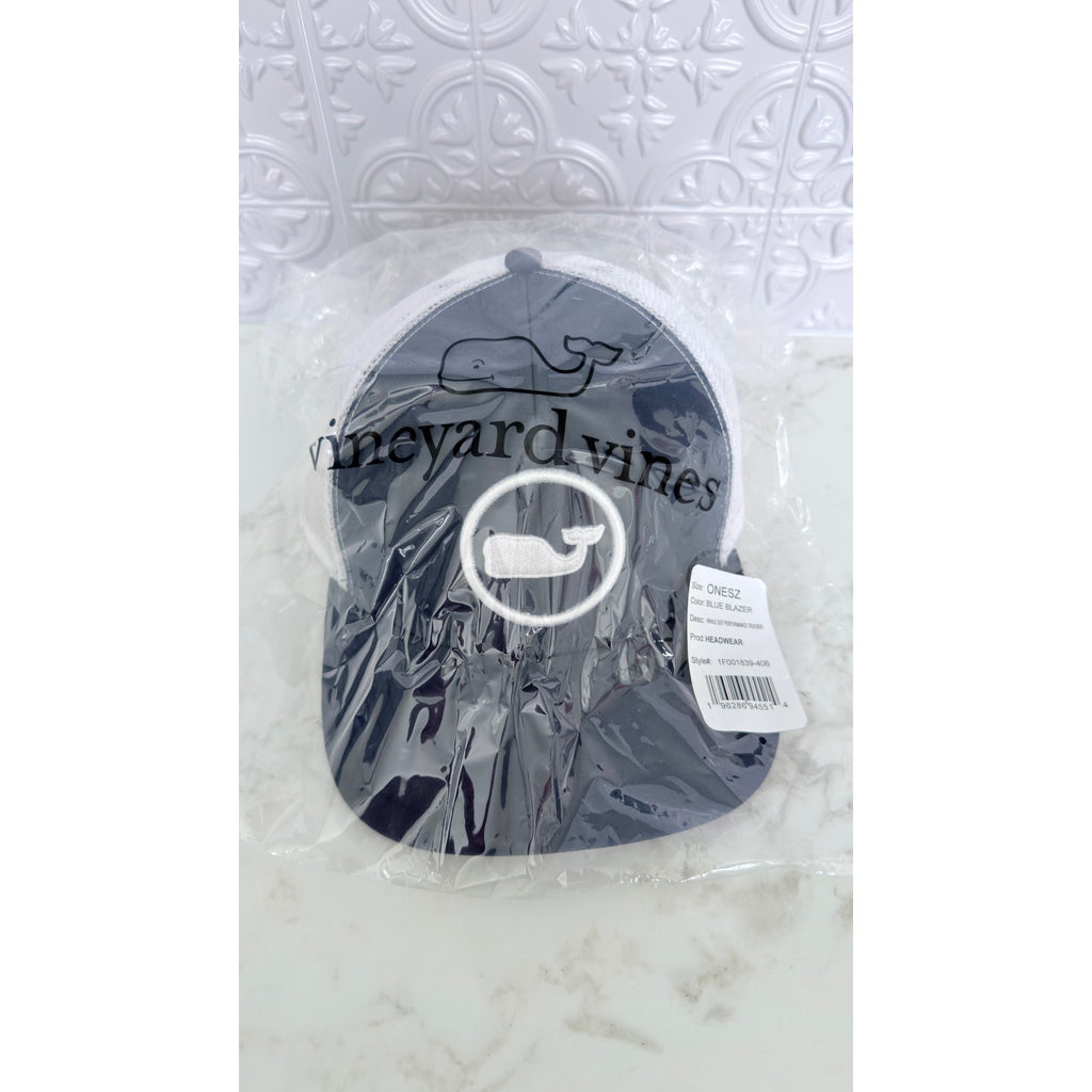 NEW Vineyard Vines Performance Whale Dot Trucker Hat Navy Blue White