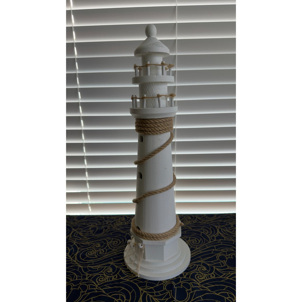 Large 20" White Wooden Lighthouse - Coastal Nautical Home Decor