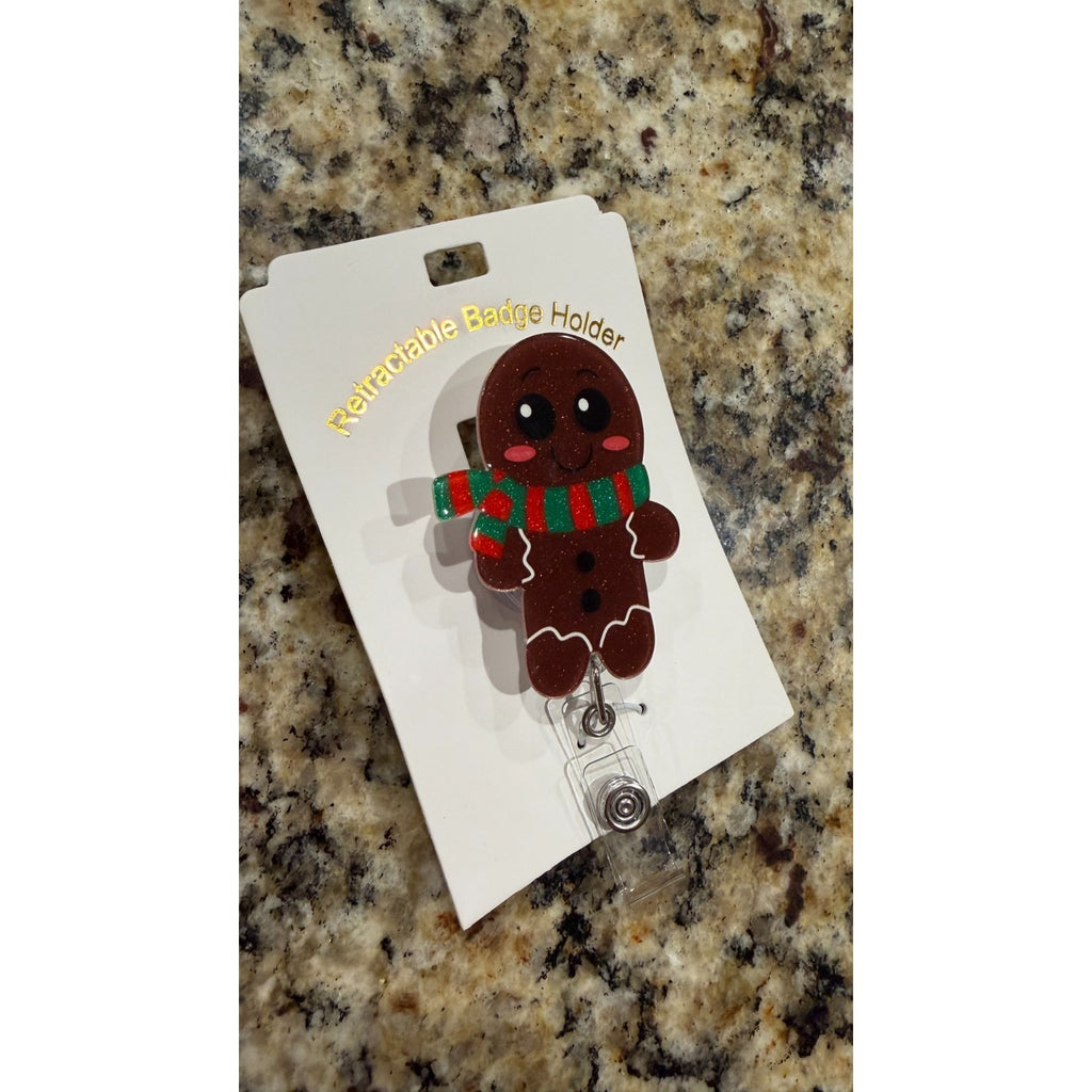 Retractable ID Clip Gingerbread Man, Acrylic Christmas Badge Holder NEW