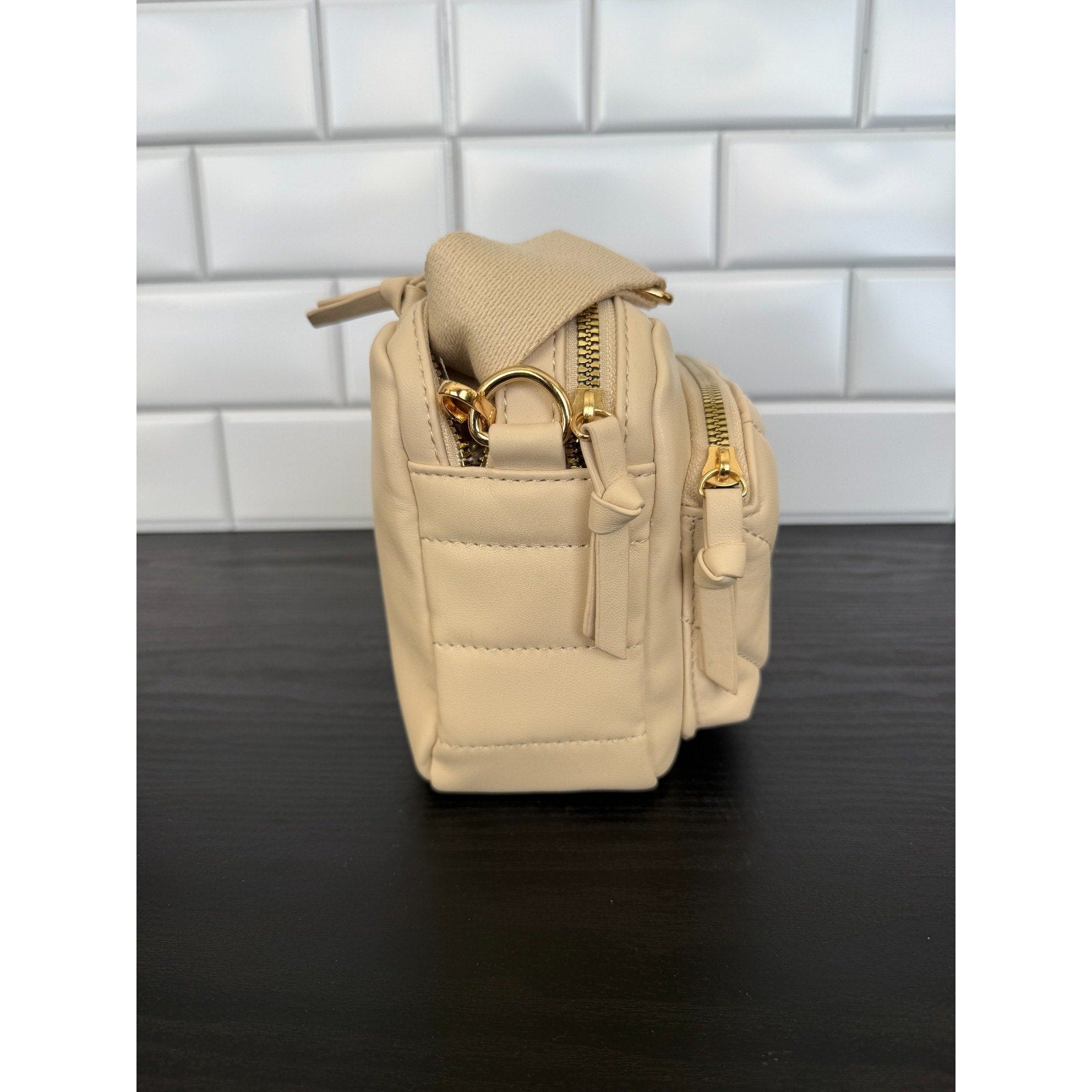 Primark Quilted Double Zip Camera Bag Ivory Gold Hardware NWT