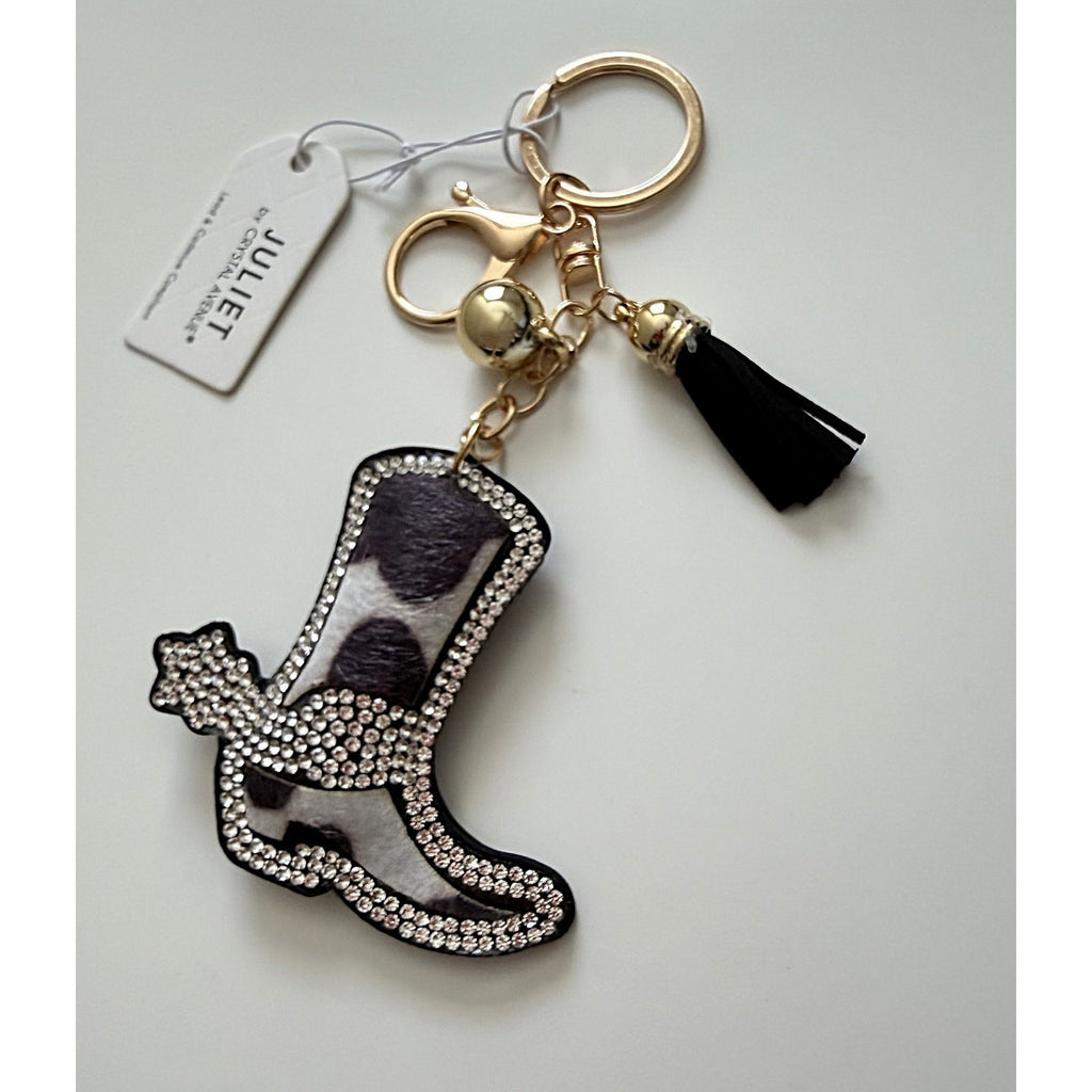 Juliet Crystal Avenue Cowgirl Boot Key Chain/Bag Charm - Cow Print NWT
