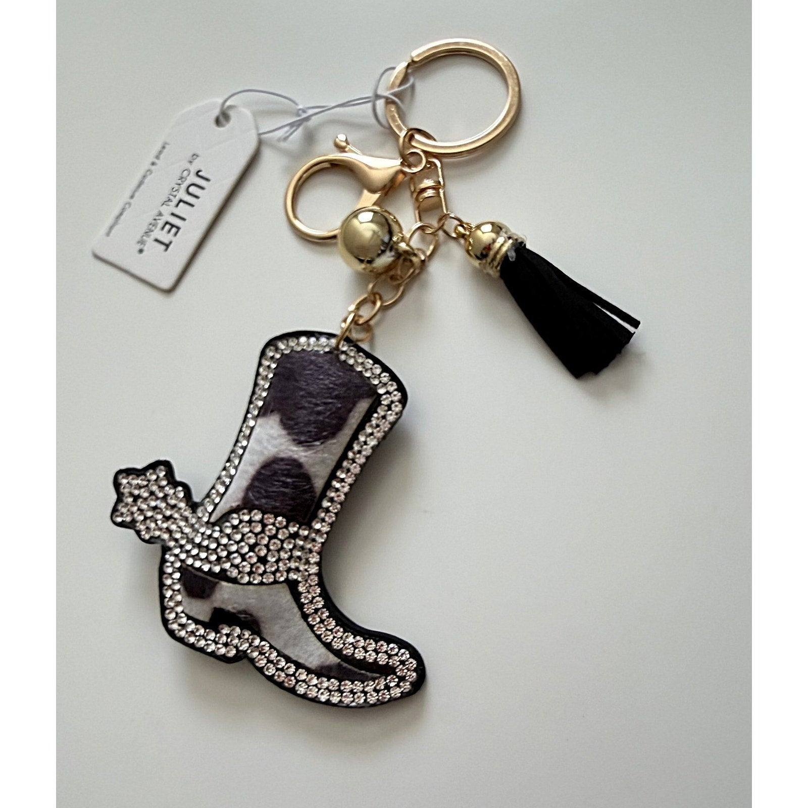 Juliet Crystal Avenue Cowgirl Boot Key Chain/Bag Charm - Cow Print NWT