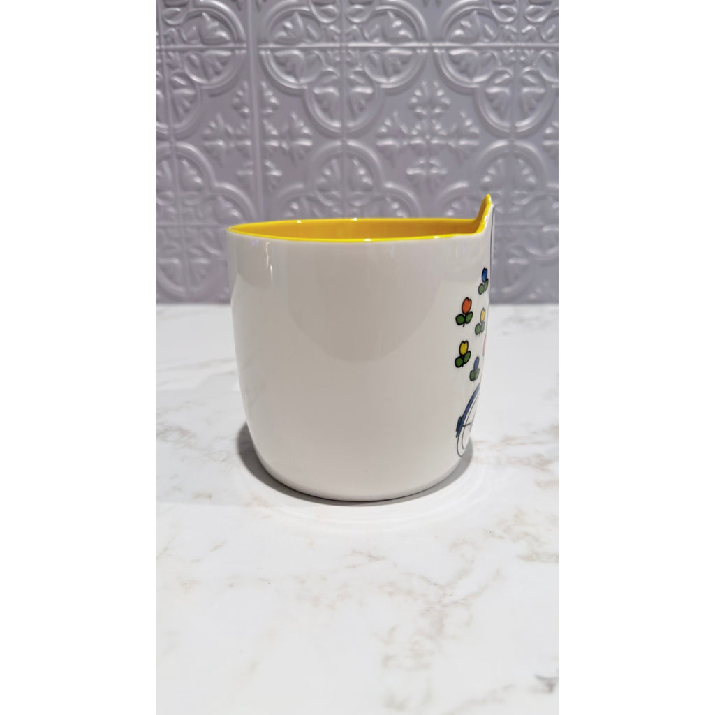 Miffy By Magenta Bunny On Bike Flowers Ceramic Coffee Mug Yellow Interior NWT