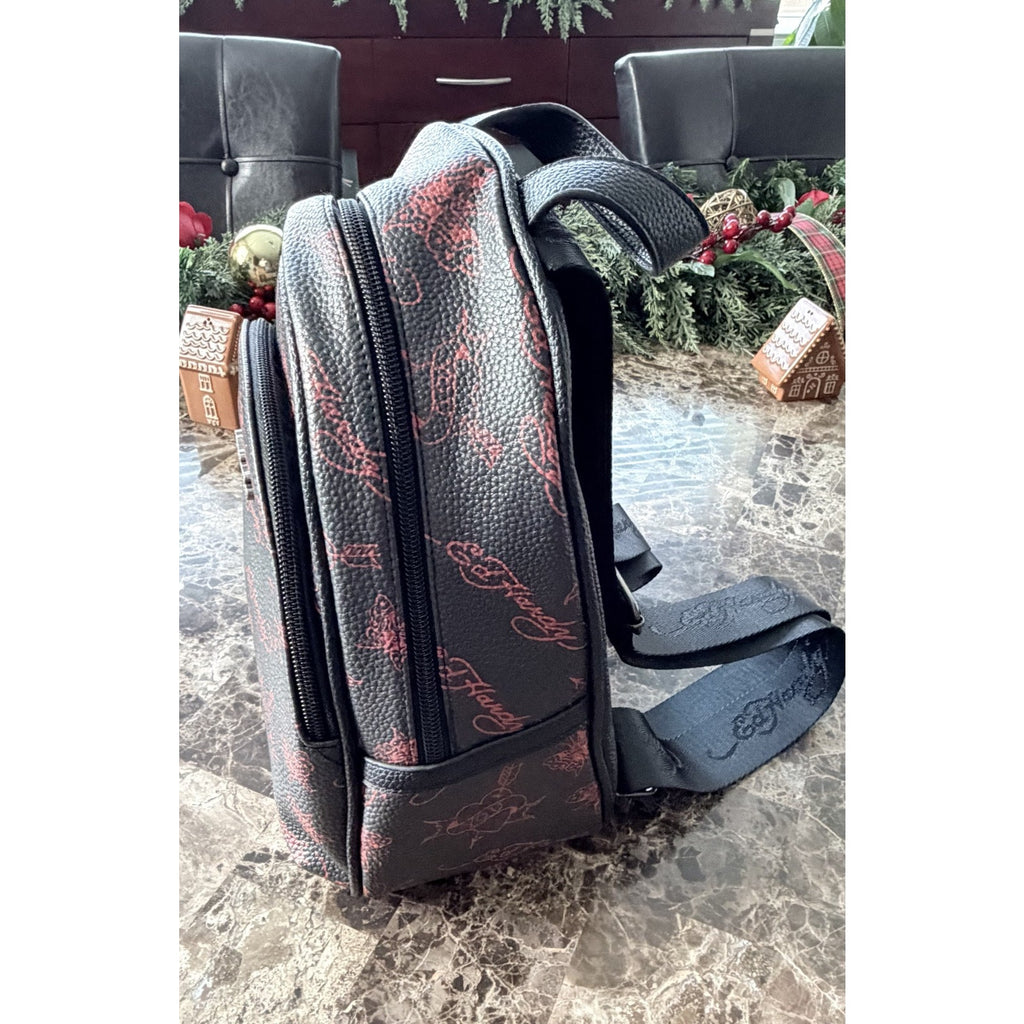 NEW Ed Hardy Black & Red Tattoo Design Mini Backpack - Butterfly & Skull Charms