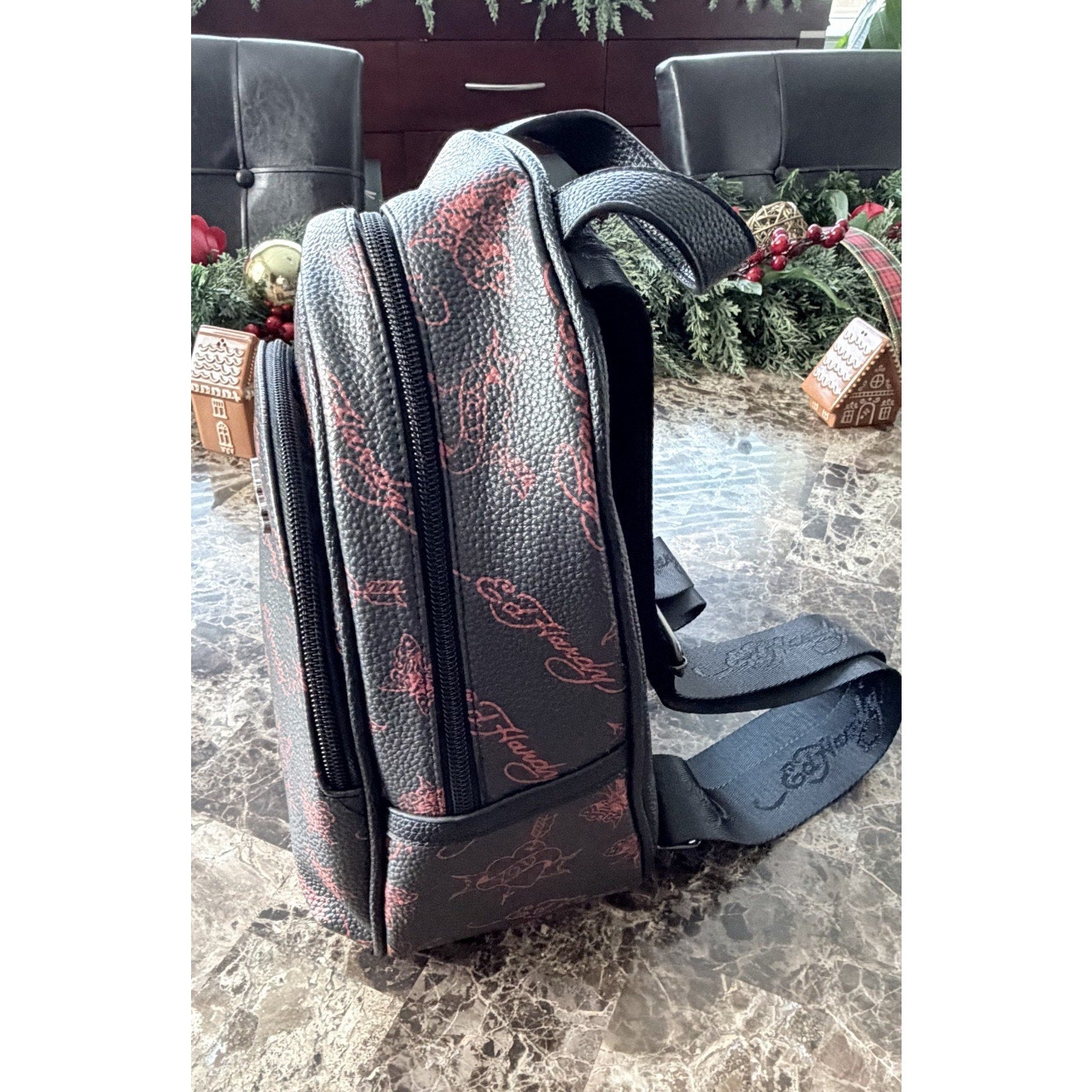 NEW Ed Hardy Black & Red Tattoo Design Mini Backpack - Butterfly & Skull Charms
