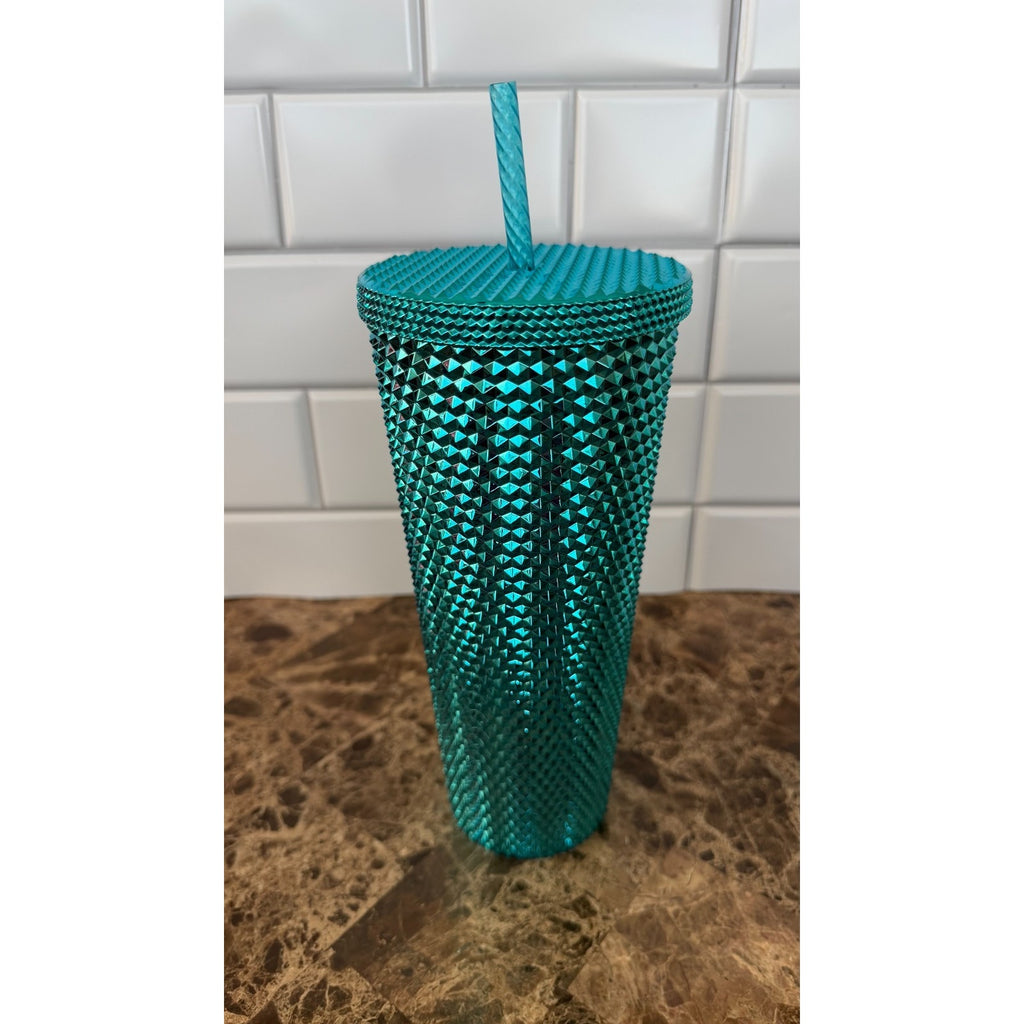 NWT Starbucks Metallic Chrome Teal Blue Studded 24oz Tumbler & Ornament