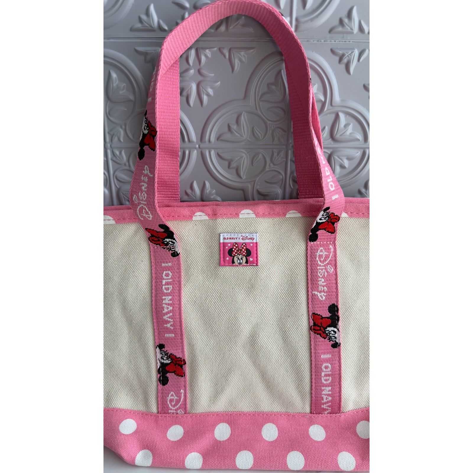Old Navy x Disney Minnie Mouse Canvas Small Tote Bag Pink Polka Dot NWOT