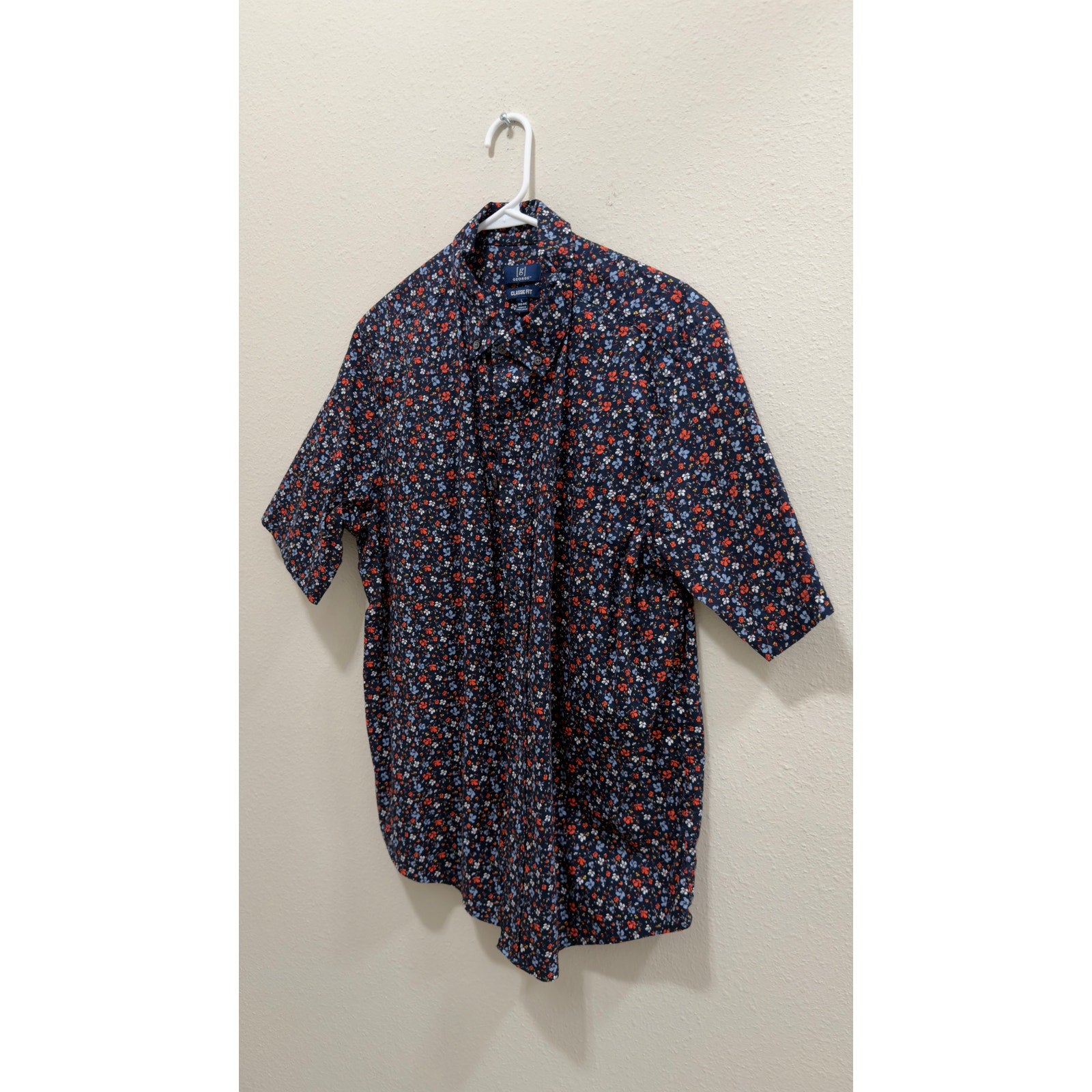 George Men's Classic Fit Poplin Short Sleeve Floral Button-Down Shirt Large
