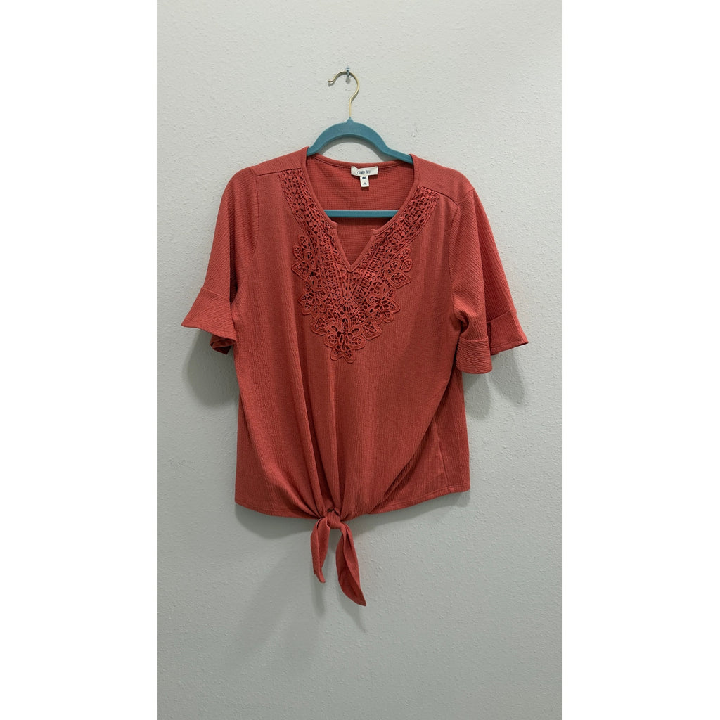 Como Blu Women's Petite XL Rust Terracotta Crochet Lace V-Neck Tie Front