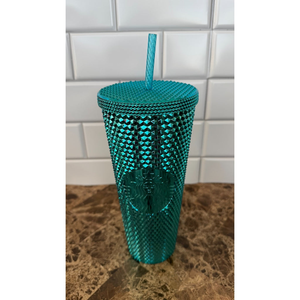 NWT Starbucks Metallic Chrome Teal Blue Studded 24oz Tumbler & Ornament