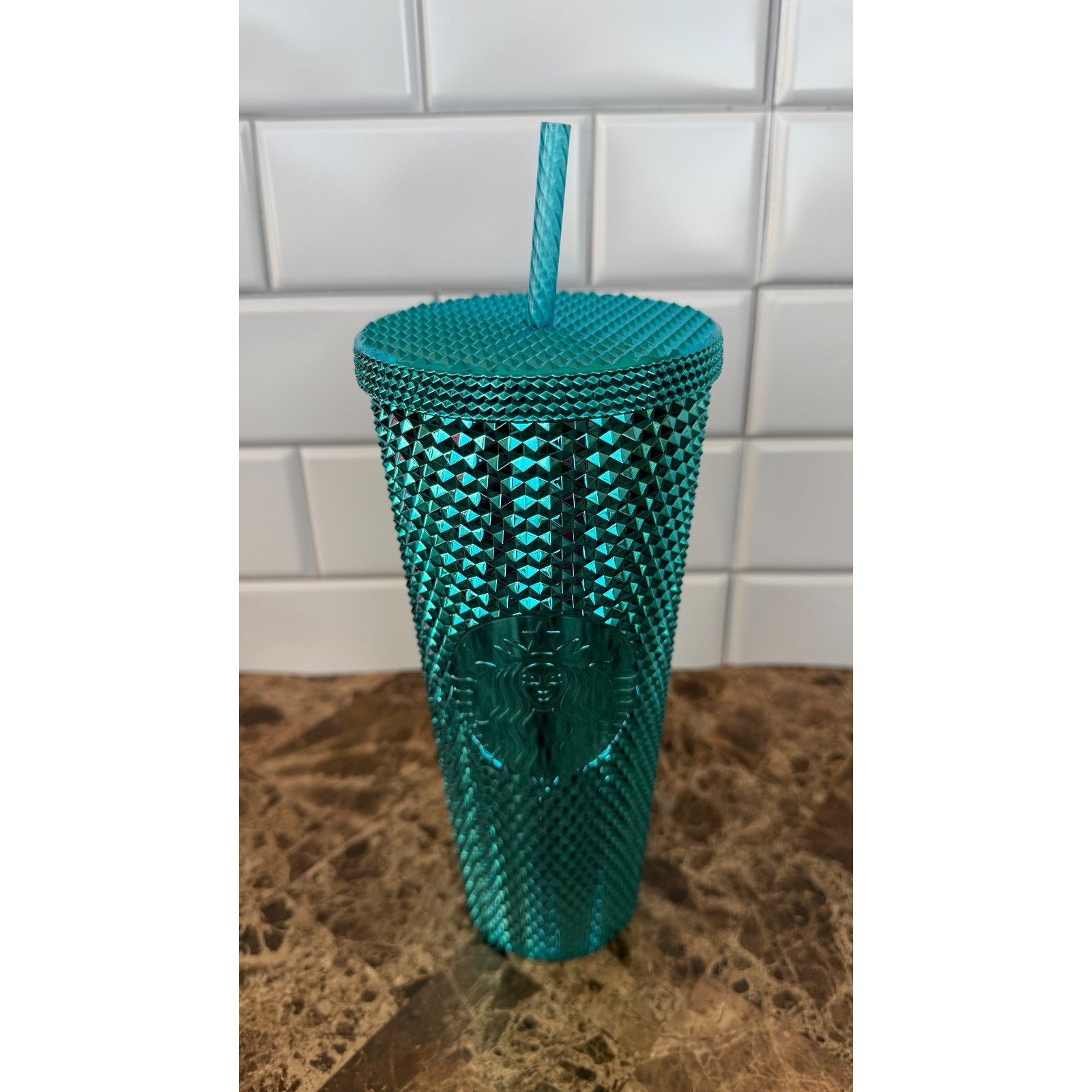 NWT Starbucks Metallic Chrome Teal Blue Studded 24oz Tumbler & Ornament