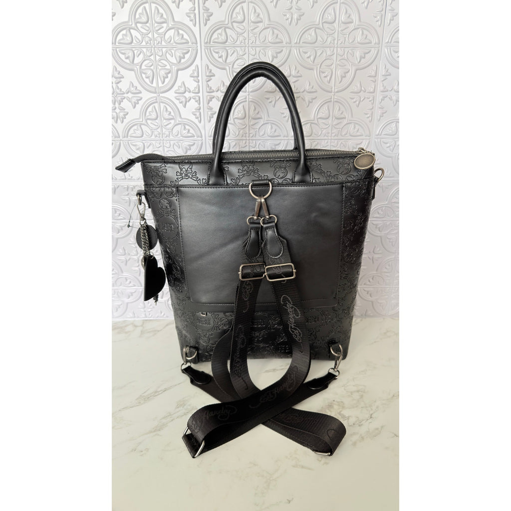 Ed Hardy Embossed Skull Studded Convertible Backpack Tote Handbag Black NWT