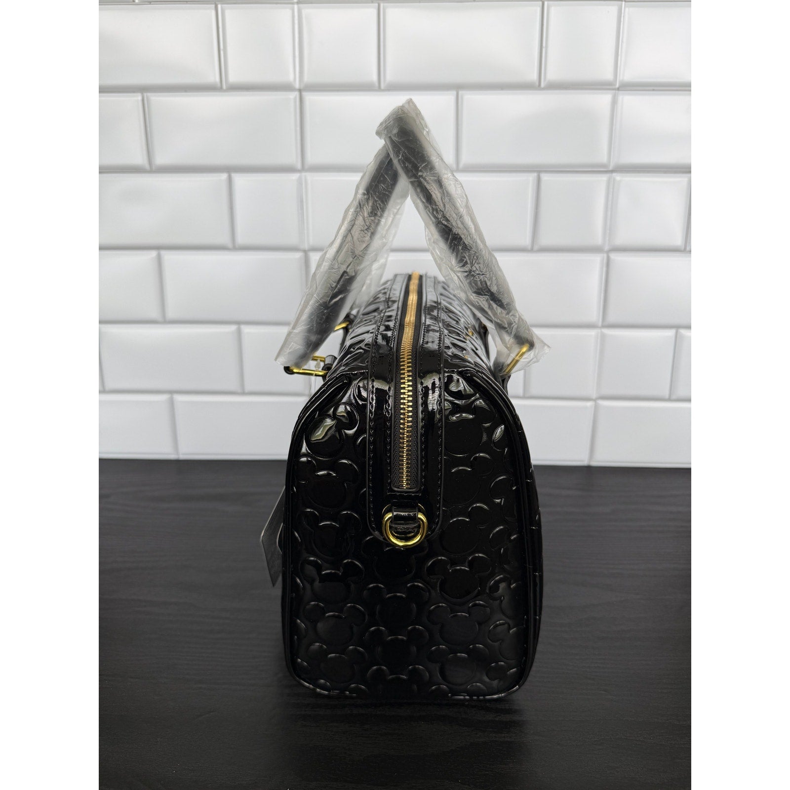 Disney Parks Black Embossed Mickey Mouse Medium Handbag Gold Hardware NWT