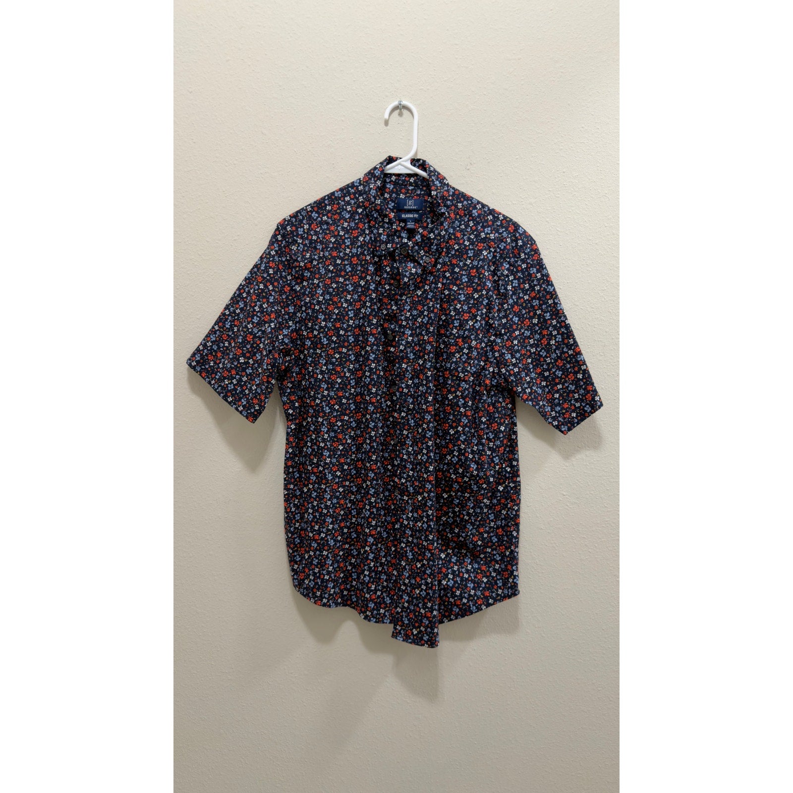 George Men's Classic Fit Poplin Short Sleeve Floral Button-Down Shirt Large
