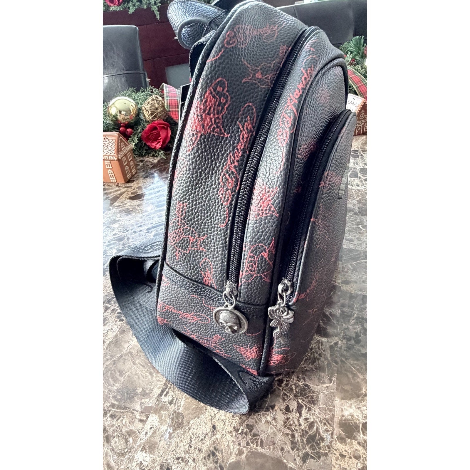 NEW Ed Hardy Black & Red Tattoo Design Mini Backpack - Butterfly & Skull Charms