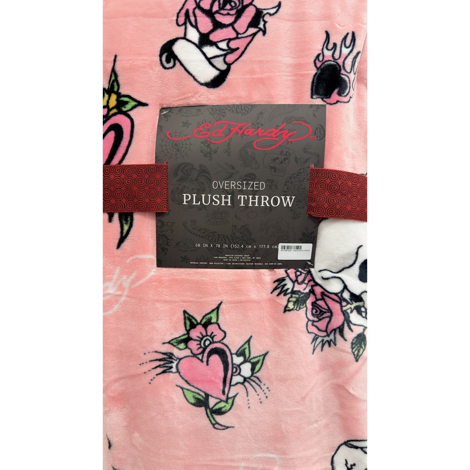 Ed Hardy Pink Oversized Plush Throw Blanket Skulls Roses Tattoo Print 60x70 NWT
