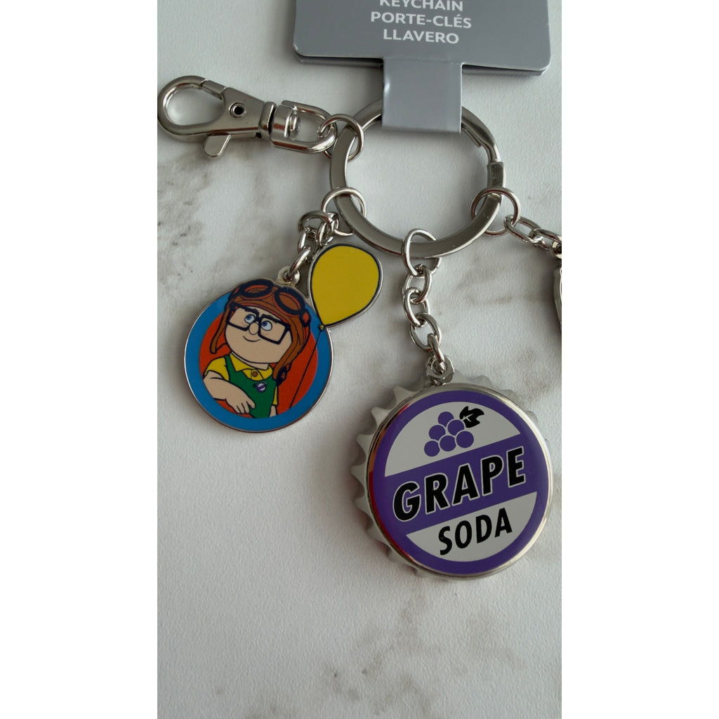 Disney Pixar Up Keychain Carl Ellie Grape Soda Cap 3 Charms NEW