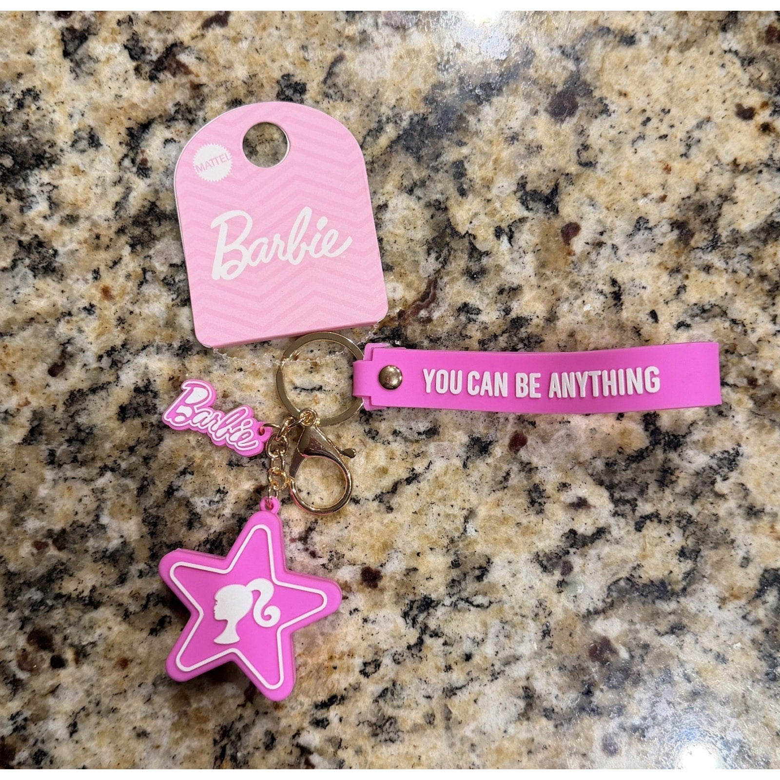 NEW Barbie Iconic Pink Logo Keychain Purse Charm Pink and White
