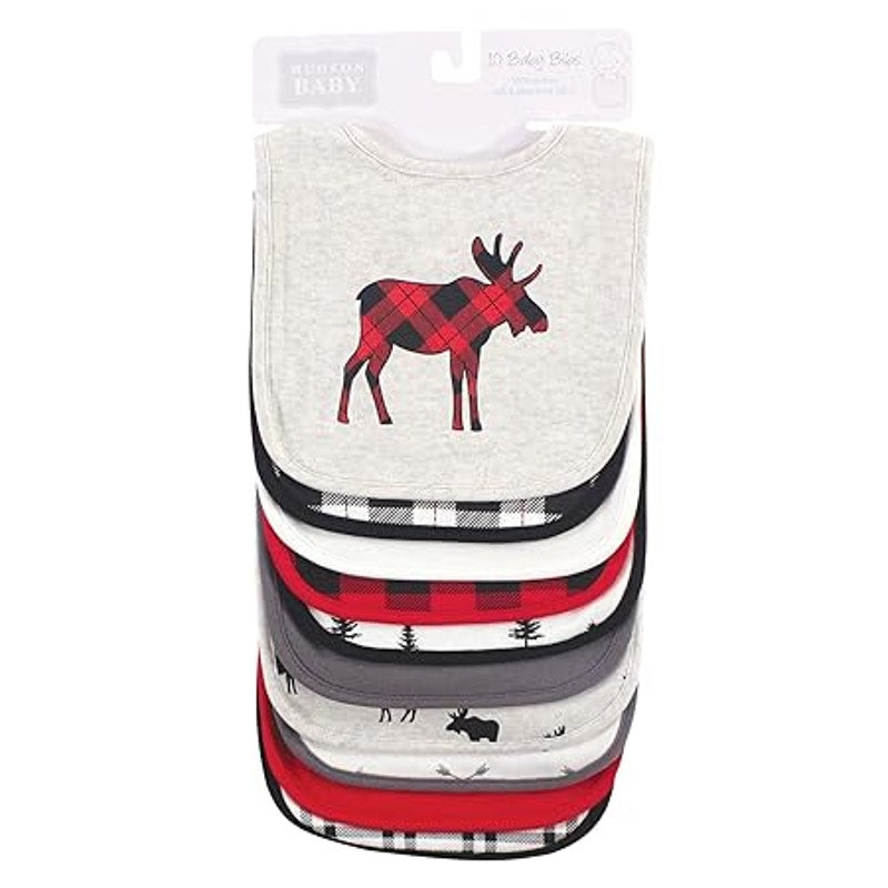 NEW Hudson Baby Infant Boy Cotton Bibs, Buffalo Plaid Moose One Size