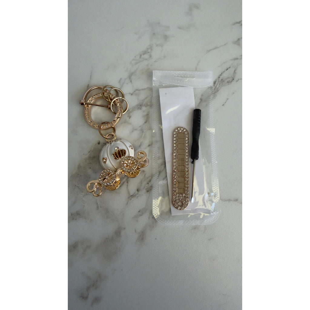 Rhinestone White Pumpkin Carriage Keychain Custom Phone Number Tag Charm Set NEW