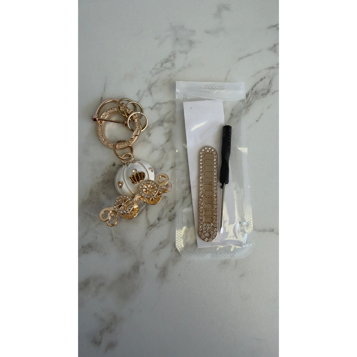 Rhinestone White Pumpkin Carriage Keychain Custom Phone Number Tag Charm Set NEW