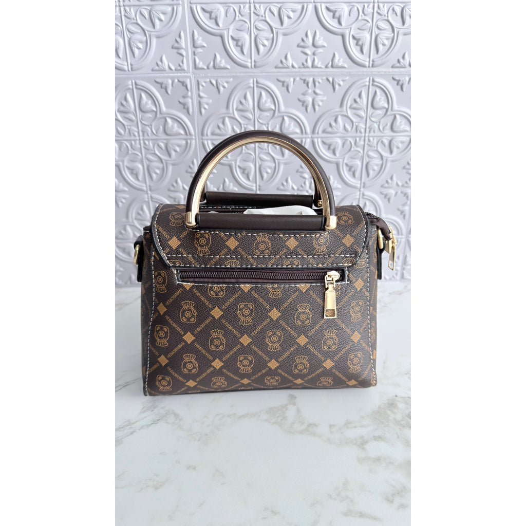 Mickey Mouse Charm Satchel Bag Women’s Tote Handbag Brown Gold NWT