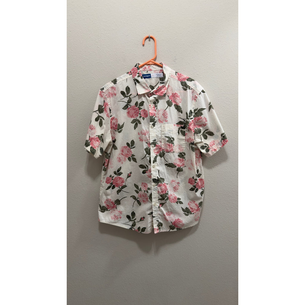 Old Navy Men’s Everyday Shirt Pink Rose Floral Button Down Flex Cream Large