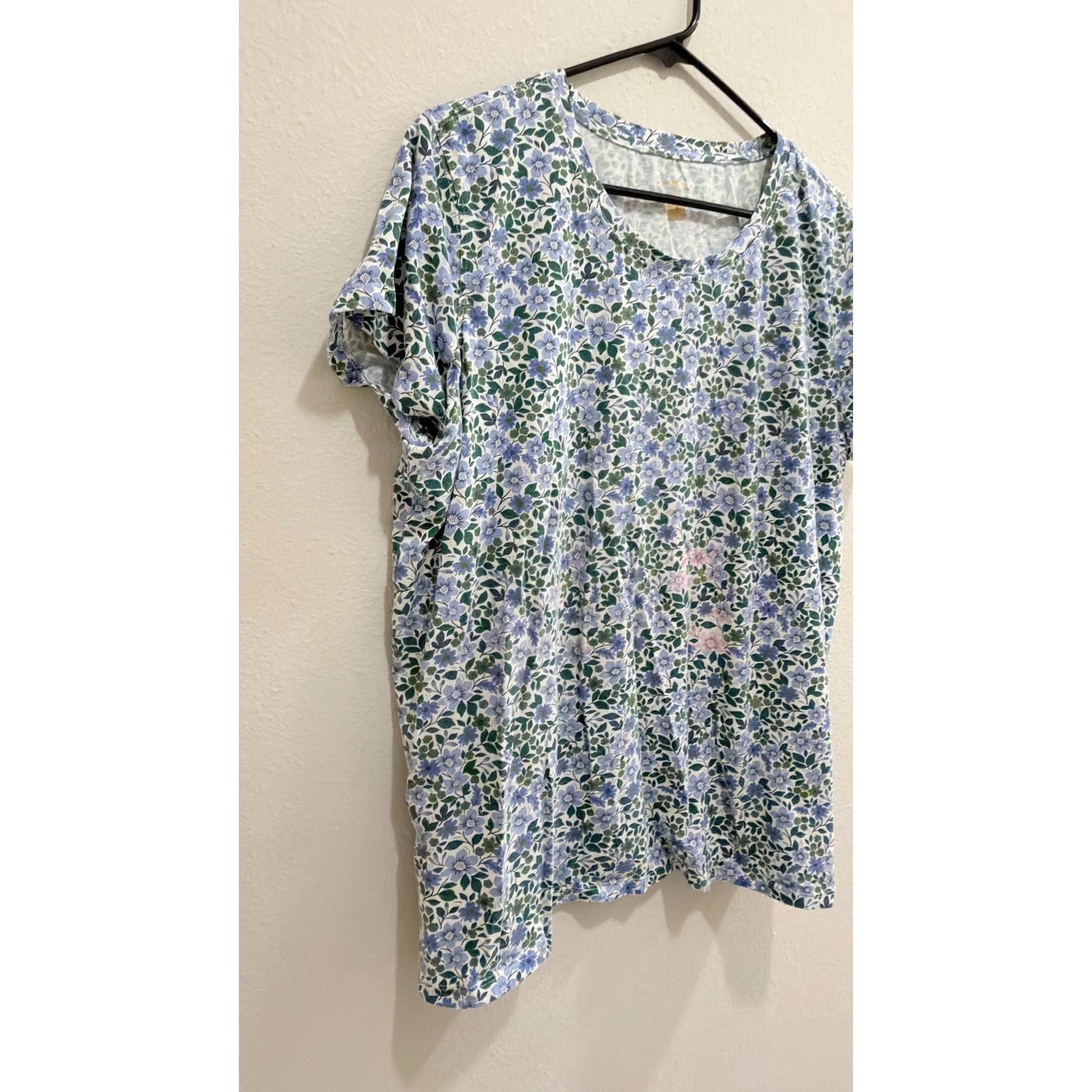 Blue Mountain Cobalt Blue & Green Floral Scoop Neck Tee - XL Preowned