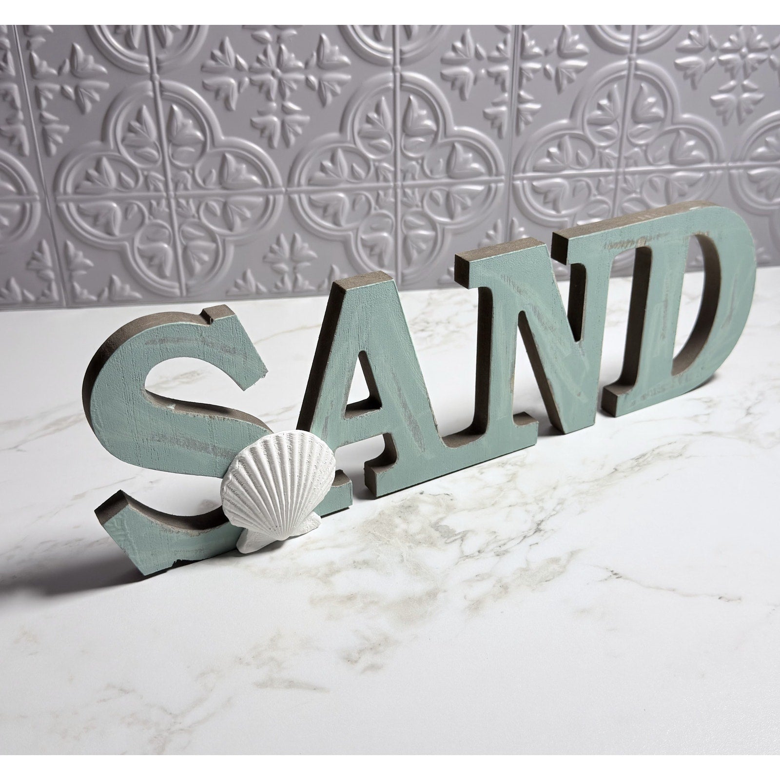 Rustic Wood SAND Sign Beach House Wall Decor Distressed Seafoam Blue Cutout
