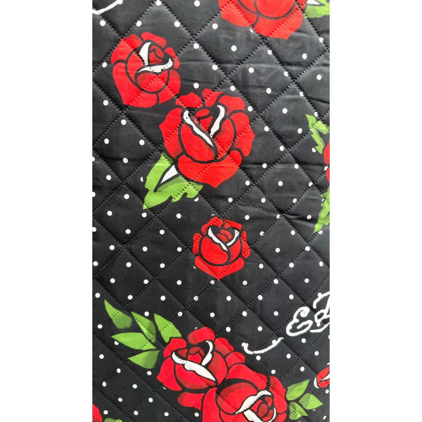 Ed Hardy 3 Piece Full / Queen Quilt Set Red Roses Polka Dot Black NWT