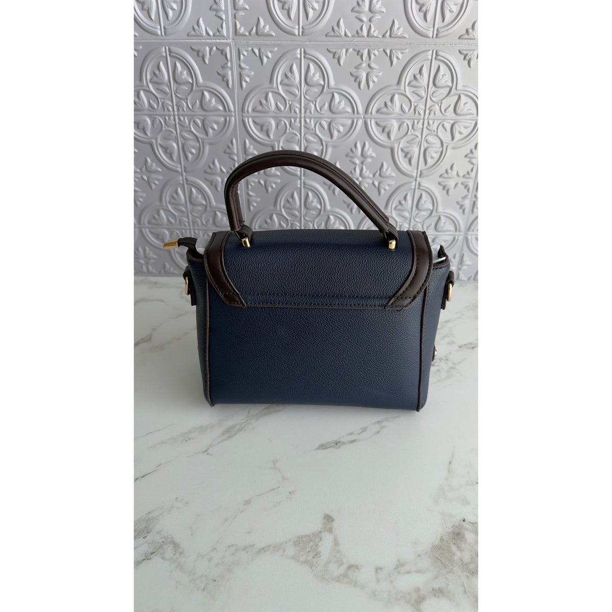 Navy Blue & Brown PU Leather Satchel Crossbody Handbag Top Handle Purse NEW