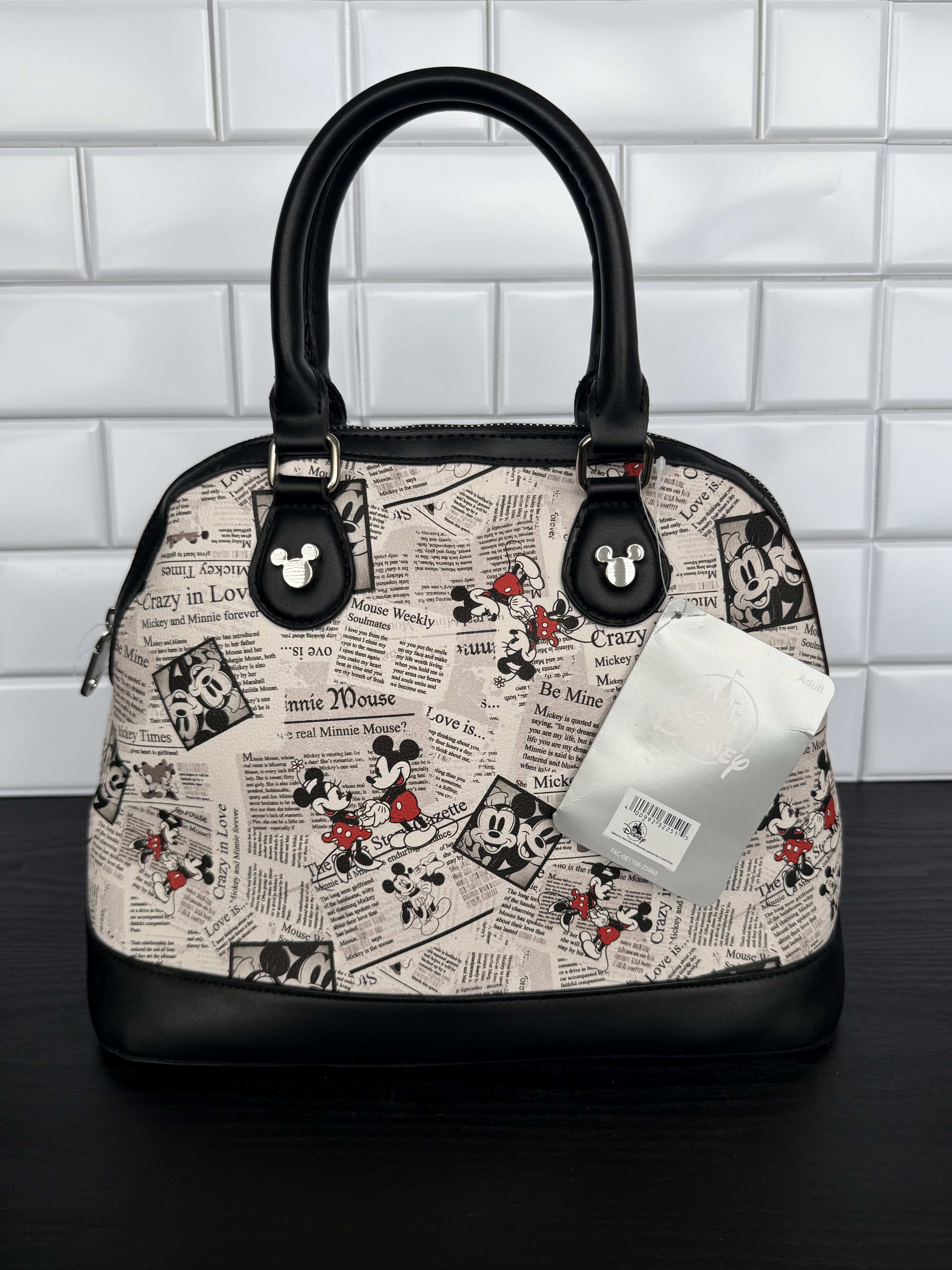 Disney Parks Satchel Bag Intage-Inspired Newsprint Print Mickey Minnie NWT